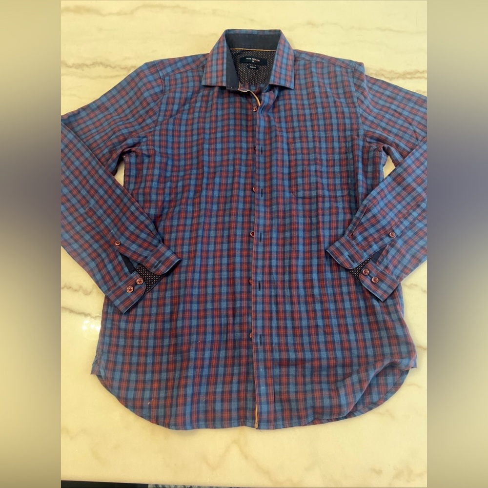 Peter England Slim Fit Mens Shirt Blue Plaid Long Sleeve Button Down Size 39/Med